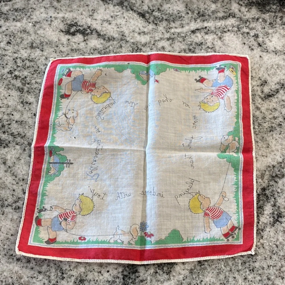 Vintage Children’s Illustration Handkerchief with Red Border!